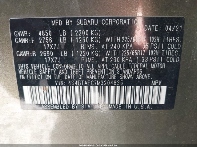 44995490 :رقم المزاد ، 4S4BTAFC7M3204835 vin ، 2021 Subaru Outback Premium مزاد بيع