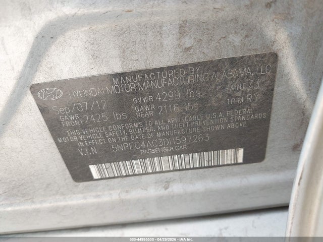 Продаж на аукціоні авто 2013 Hyundai Sonata Se, vin: 5NPEC4AC3DH597263, номер лоту: 44995500