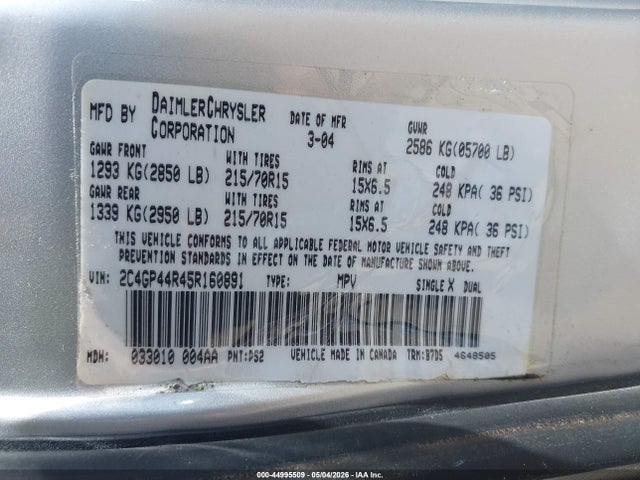 Продаж на аукціоні авто 2005 Chrysler Town & Country Lx, vin: 2C4GP44R45R160891, номер лоту: 44995509