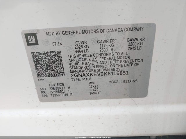 Продажа на аукционе авто 2019 Chevrolet Equinox Lt, vin: 2GNAXKEV0K6116851, номер лота: 44995511