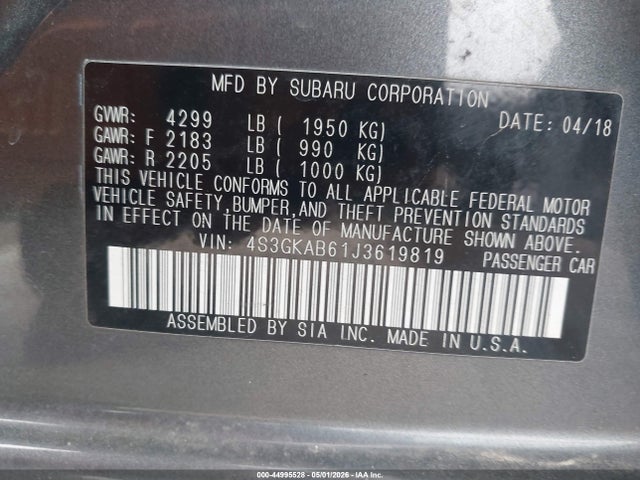 Продаж на аукціоні авто 2018 Subaru Impreza 2.0i Premium, vin: 4S3GKAB61J3619819, номер лоту: 44995528