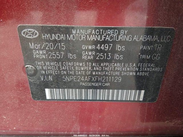 5NPE24AFXFH211129 Hyundai SONATA SE