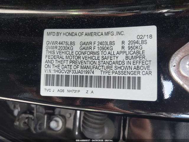 2018 Honda Accord Sport 2.0t მანქანა იყიდება აუქციონზე, vin: 1HGCV2F33JA019974, აუქციონის ნომერი: 44995537