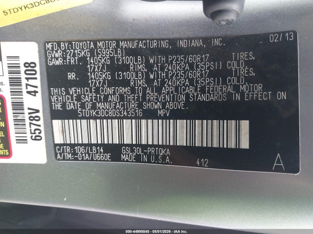 2013 Toyota Sienna Xle V6 8 Passenger მანქანა იყიდება აუქციონზე, vin: 5TDYK3DC8DS343516, აუქციონის ნომერი: 44995545