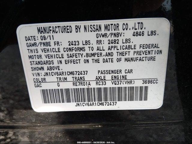 Auction sale of the 2012 Infiniti G37x, vin: JN1CV6AR1CM672437, lot number: 44995551