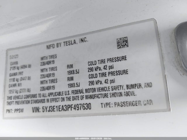 Продаж на аукціоні авто 2023 Tesla Model 3 Rear-wheel Drive, vin: 5YJ3E1EA3PF497630, номер лоту: 44995554