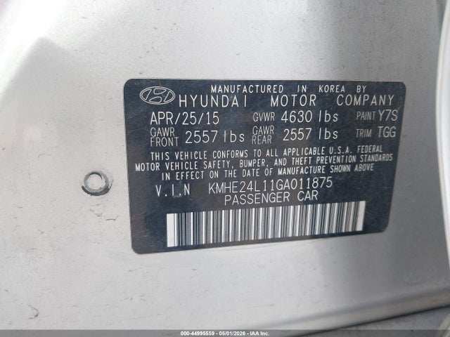 2016 Hyundai Sonata Hybrid Se მანქანა იყიდება აუქციონზე, vin: KMHE24L11GA011875, აუქციონის ნომერი: 44995559