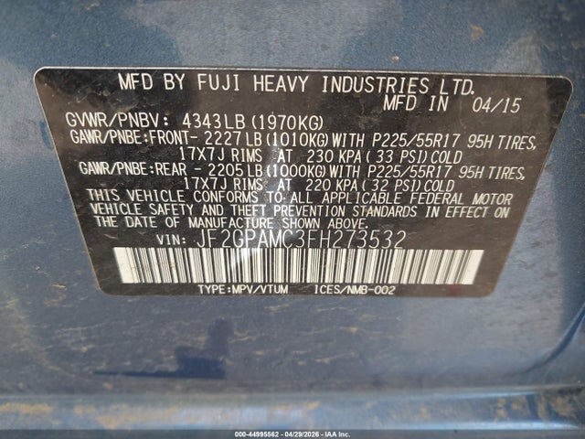 44995562 :رقم المزاد ، JF2GPAMC3FH273532 vin ، 2015 Subaru Xv Crosstrek 2.0i Limited مزاد بيع