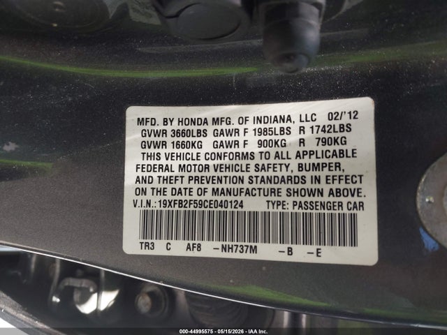 44995575 :رقم المزاد ، 19XFB2F59CE040124 vin ، 2012 Honda Civic Lx مزاد بيع