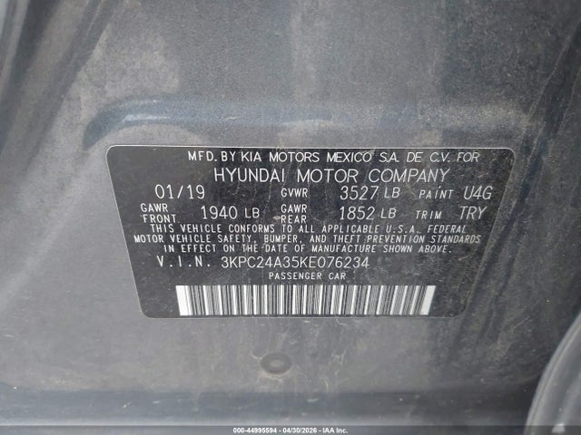 Aukcja sprzedaży 2019 Hyundai Accent Se, vin: 3KPC24A35KE076234, numer aukcji: 44995594