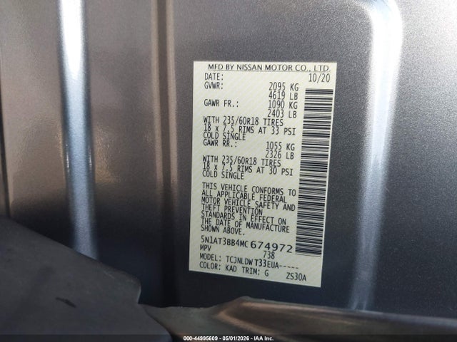 44995609 :رقم المزاد ، 5N1AT3BB4MC674972 vin ، 2021 Nissan Rogue Sv Intelligent Awd مزاد بيع