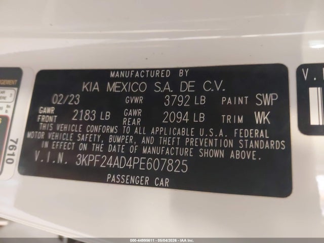 Продажа на аукционе авто 2023 Kia Forte Lxs, vin: 3KPF24AD4PE607825, номер лота: 44995611