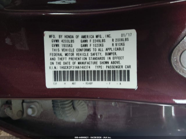 Aukcja sprzedaży 2017 Honda Accord Lx, vin: 1HGCR2F31HA148374, numer aukcji: 44995621
