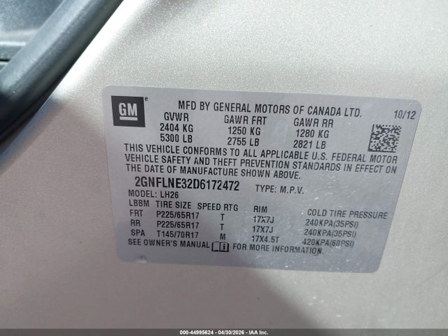 Aukcja sprzedaży 2013 Chevrolet Equinox 2lt, vin: 2GNFLNE32D6172472, numer aukcji: 44995624