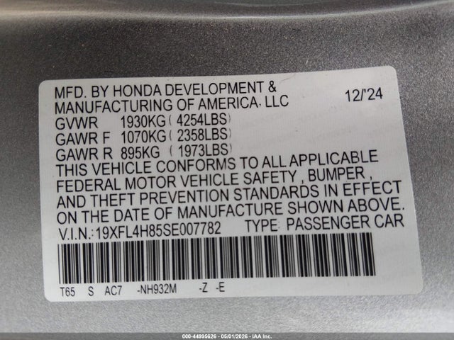 2025 Honda Civic Hybrid Sport მანქანა იყიდება აუქციონზე, vin: 19XFL4H85SE007782, აუქციონის ნომერი: 44995626