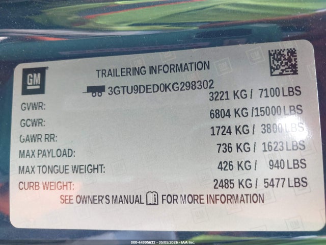 Aukcja sprzedaży 2019 Gmc Sierra 1500 Slt, vin: 3GTU9DED0KG298302, numer aukcji: 44995632
