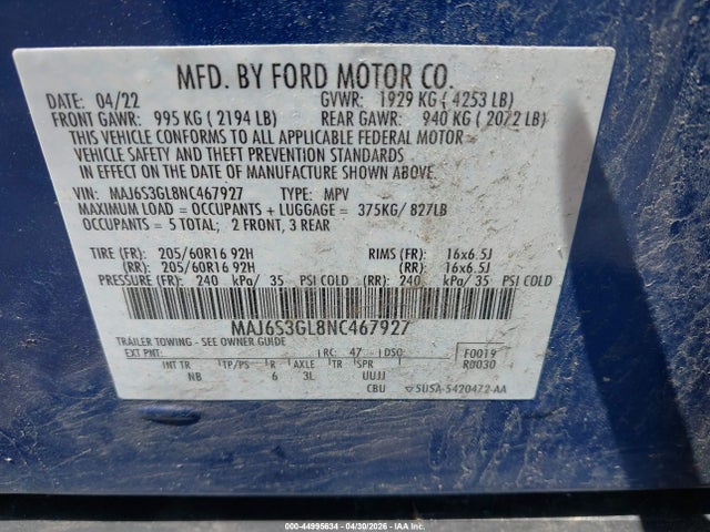 Aukcja sprzedaży 2022 Ford Ecosport Se, vin: MAJ6S3GL8NC467927, numer aukcji: 44995634