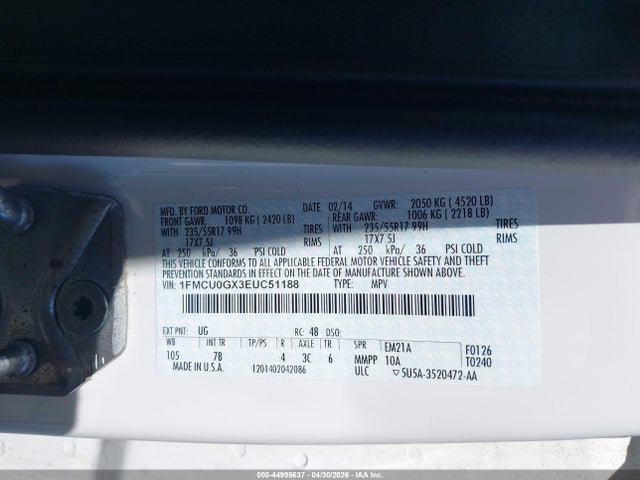 Aukcja sprzedaży 2014 Ford Escape Se, vin: 1FMCU0GX3EUC51188, numer aukcji: 44995637