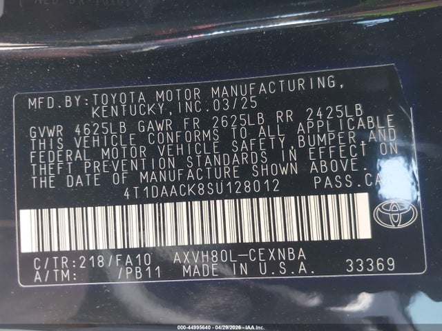 44995640 :رقم المزاد ، 4T1DAACK8SU128012 vin ، 2025 Toyota Camry Le مزاد بيع