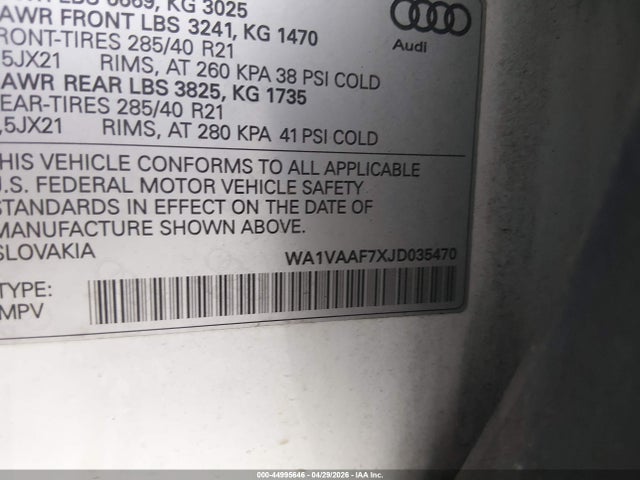 2018 Audi Q7 3.0t Premium მანქანა იყიდება აუქციონზე, vin: WA1VAAF7XJD035470, აუქციონის ნომერი: 44995646