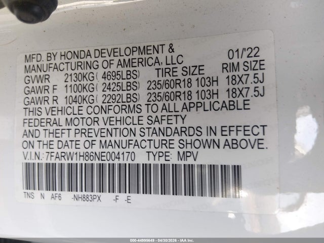 2022 Honda Cr-v 2wd Ex-l მანქანა იყიდება აუქციონზე, vin: 7FARW1H86NE004170, აუქციონის ნომერი: 44995649