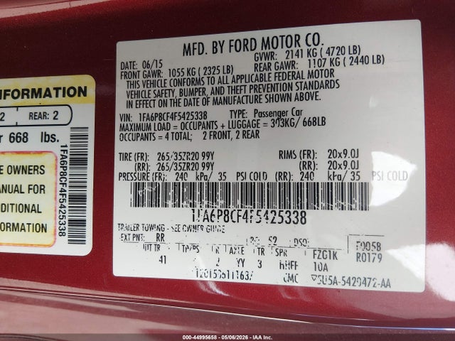 Продаж на аукціоні авто 2015 Ford Mustang Gt Premium, vin: 1FA6P8CF4F5425338, номер лоту: 44995658