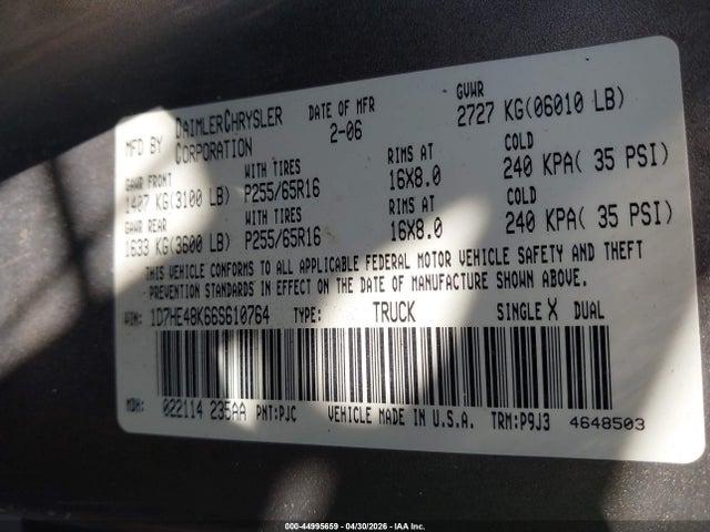 Продаж на аукціоні авто 2006 Dodge Dakota Slt, vin: 1D7HE48K66S610764, номер лоту: 44995659