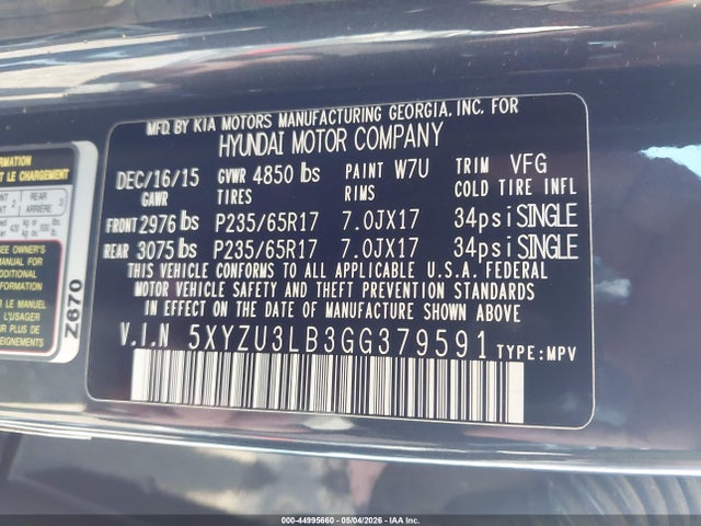 Aukcja sprzedaży 2016 Hyundai Santa Fe Sport 2.4l, vin: 5XYZU3LB3GG379591, numer aukcji: 44995660