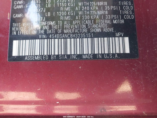 Aukcja sprzedaży 2017 Subaru Outback 2.5i Limited, vin: 4S4BSANC8H3235151, numer aukcji: 44995670