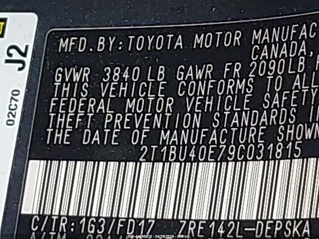 2009 Toyota Corolla S მანქანა იყიდება აუქციონზე, vin: 2T1BU40E79C031815, აუქციონის ნომერი: 44995678