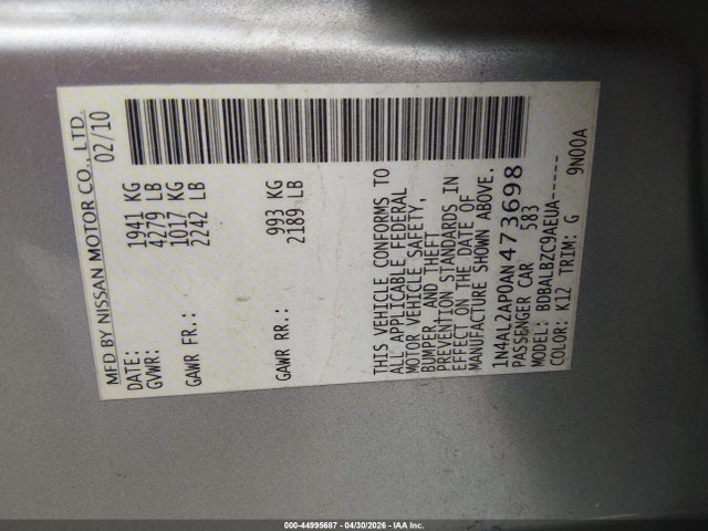 Aukcja sprzedaży 2010 Nissan Altima 2.5 S, vin: 1N4AL2AP0AN473698, numer aukcji: 44995687