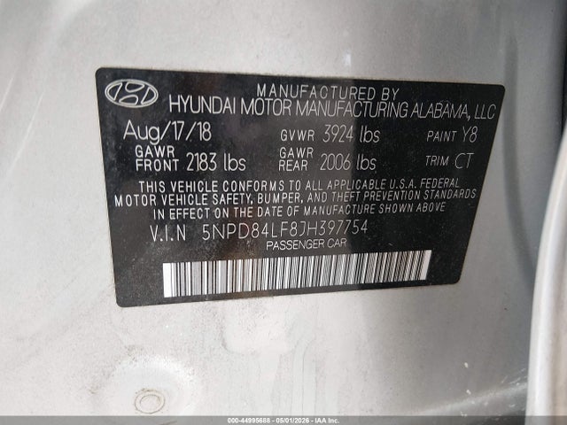 Aukcja sprzedaży 2018 Hyundai Elantra Sel, vin: 5NPD84LF8JH397754, numer aukcji: 44995688