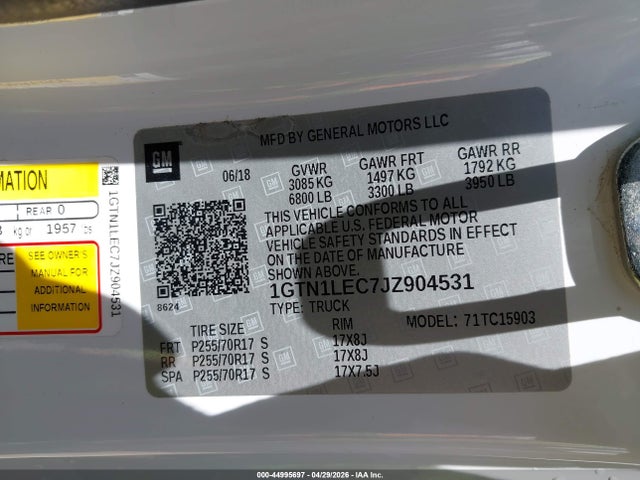 44995697 :رقم المزاد ، 1GTN1LEC7JZ904531 vin ، 2018 Gmc Sierra 1500 مزاد بيع