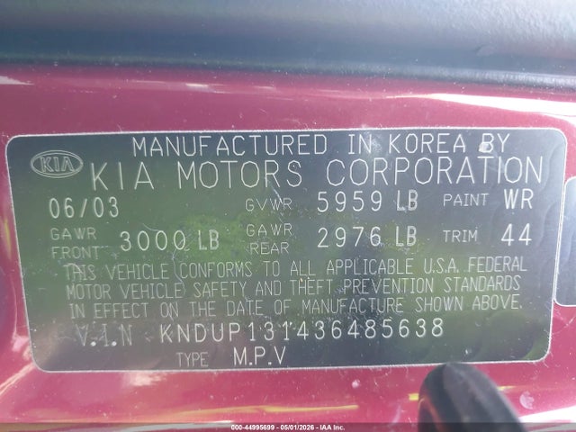 Продаж на аукціоні авто 2003 Kia Sedona Ex/lx, vin: KNDUP131436485638, номер лоту: 44995699