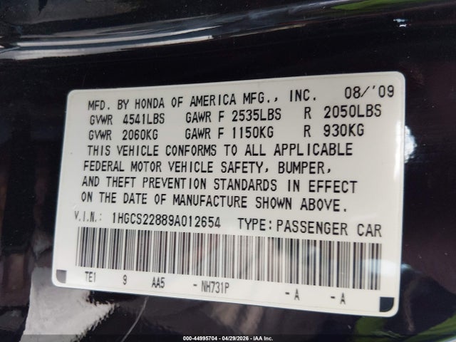 44995704 :رقم المزاد ، 1HGCS22889A012654 vin ، 2009 Honda Accord 3.5 Ex-l مزاد بيع