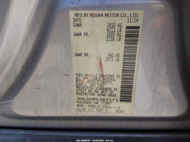 2015 Nissan Altima 2.5 S მანქანა იყიდება აუქციონზე, vin: 1N4AL3AP8FN363575, აუქციონის ნომერი: 44995707