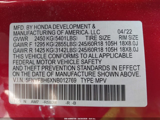 Продаж на аукціоні авто 2022 Honda Passport Awd Trailsport, vin: 5FNYF8H6XNB012769, номер лоту: 44995709