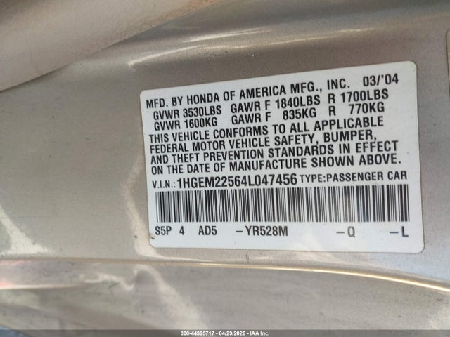 Aukcja sprzedaży 2004 Honda Civic Lx, vin: 1HGEM22564L047456, numer aukcji: 44995717