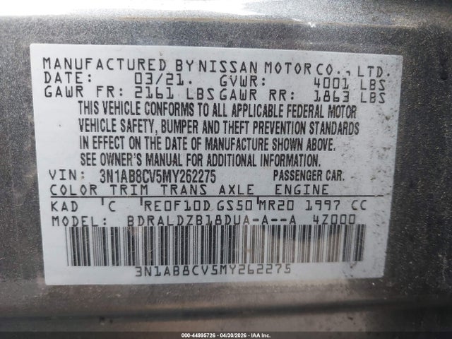 44995726 :رقم المزاد ، 3N1AB8CV5MY262275 vin ، 2021 Nissan Sentra Sv Xtronic Cvt مزاد بيع