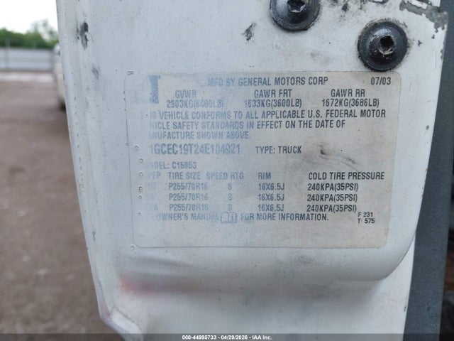 44995733 :رقم المزاد ، 1GCEC19T24E104921 vin ، 2004 Chevrolet Silverado 1500 Work Truck مزاد بيع