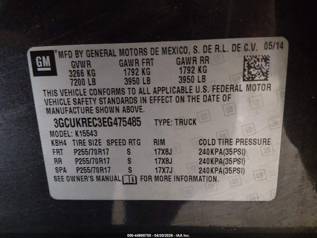 44995755 :رقم المزاد ، 3GCUKREC3EG475485 vin ، 2014 Chevrolet Silverado 1500 1lt مزاد بيع
