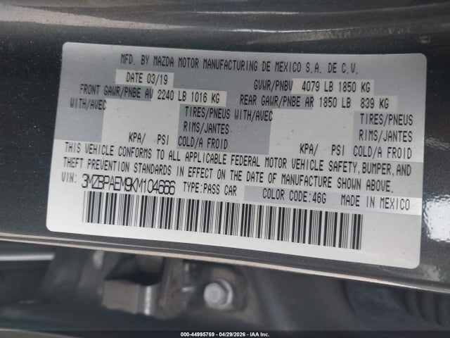 Aukcja sprzedaży 2019 Mazda Mazda3 Premium Package, vin: 3MZBPAEM9KM104666, numer aukcji: 44995769