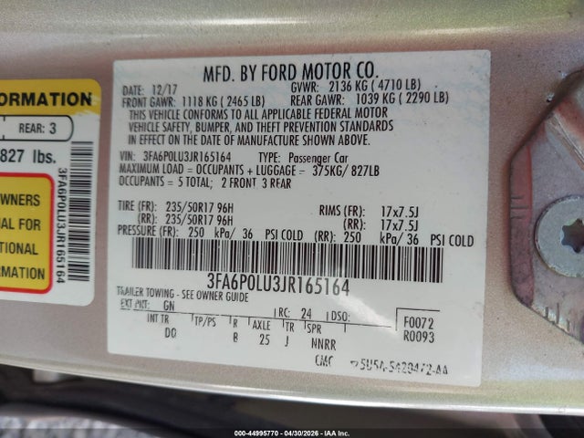 Aukcja sprzedaży 2018 Ford Fusion Hybrid Se, vin: 3FA6P0LU3JR165164, numer aukcji: 44995770