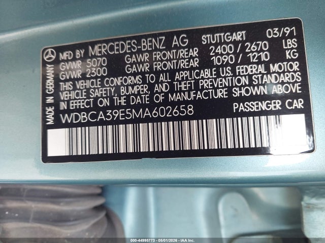 Aukcja sprzedaży 1991 Mercedes-benz 560 Sel, vin: WDBCA39E5MA602658, numer aukcji: 44995773