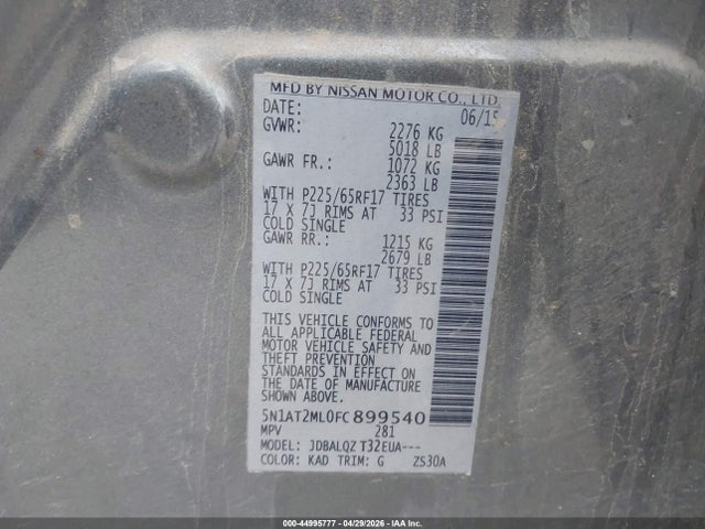 Aukcja sprzedaży 2015 Nissan Rogue Sv, vin: 5N1AT2ML0FC899540, numer aukcji: 44995777