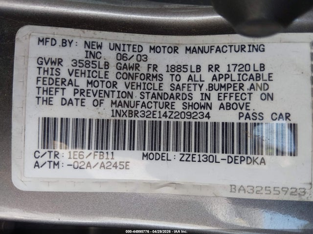 44995776 :رقم المزاد ، 1NXBR32E14Z209234 vin ، 2004 Toyota Corolla Ce مزاد بيع