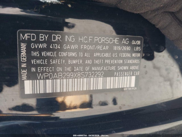 44995784 :رقم المزاد ، WP0AB299X8S732292 vin ، 2008 Porsche 911 Carrera 4s مزاد بيع
