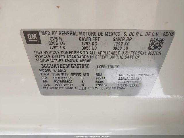44995798 :رقم المزاد ، 3GCUKTEC3FG367950 vin ، 2015 Chevrolet Silverado 1500 High Country مزاد بيع