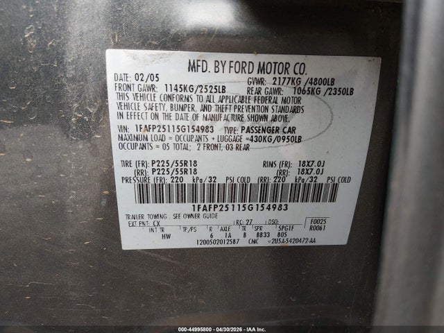 Aukcja sprzedaży 2005 Ford Five Hundred Limited, vin: 1FAFP25115G154983, numer aukcji: 44995800