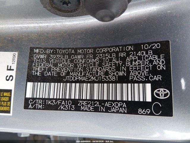 2021 Toyota Corolla L მანქანა იყიდება აუქციონზე, vin: JTDDPMAE2MJ153381, აუქციონის ნომერი: 44995805